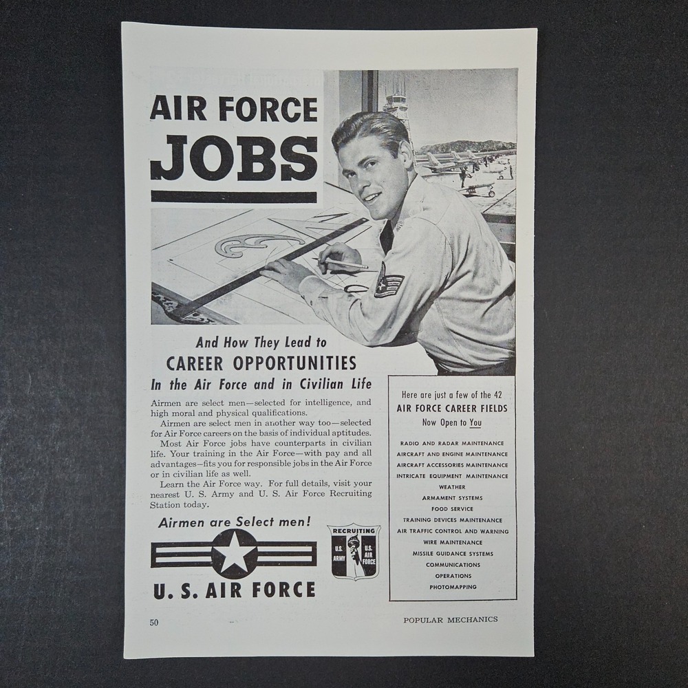 1950 US United States Air Force Jobs Soldier Drafting Vintage Print Ad Recruiter
